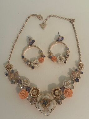 Floral Statement Necklace & Earring Set - Gold with Peach and White Accents